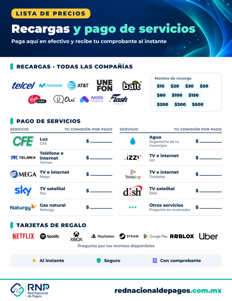 Lista de precios (carta) de recargas y pago de servicios