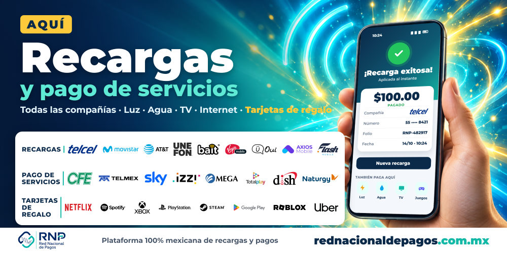 Lona de 2x1 metros de recargas y pago de servicios con los logos de todas las compañías