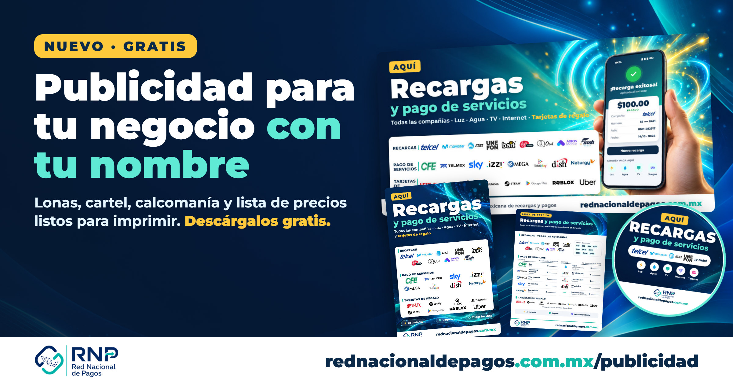 Publicidad gratis para tu negocio: lona, cartel, calcomanía y lista de precios de recargas y pago de servicios